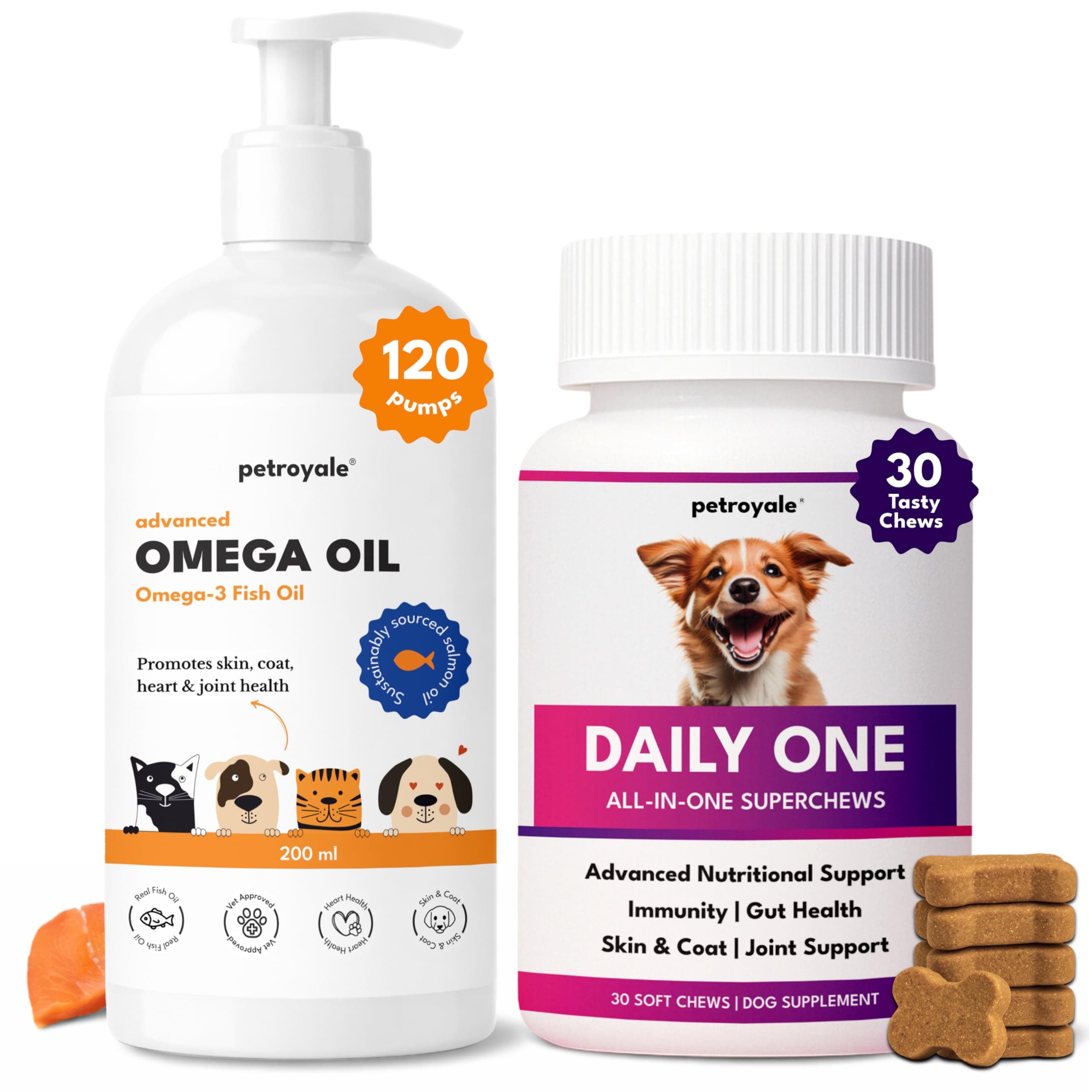 Petroyale Omega 3 Fish Oil for Dogs & Cats - Supports Skin, Coat, Gut Health & Immunity, Healthy Digestion & Joint Support with Probiotic Chews (Omega Oil + Probiotic Chews)