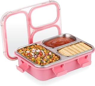 ATTRO Trio Meal Stainless Steel Lunch Box with 3 Partition, Microwave Safe, Airtight Leakproof Silicone Seal Lid, BPA-Free Food Grade Tiffin Box for Office School Kids – 600ml – Pink