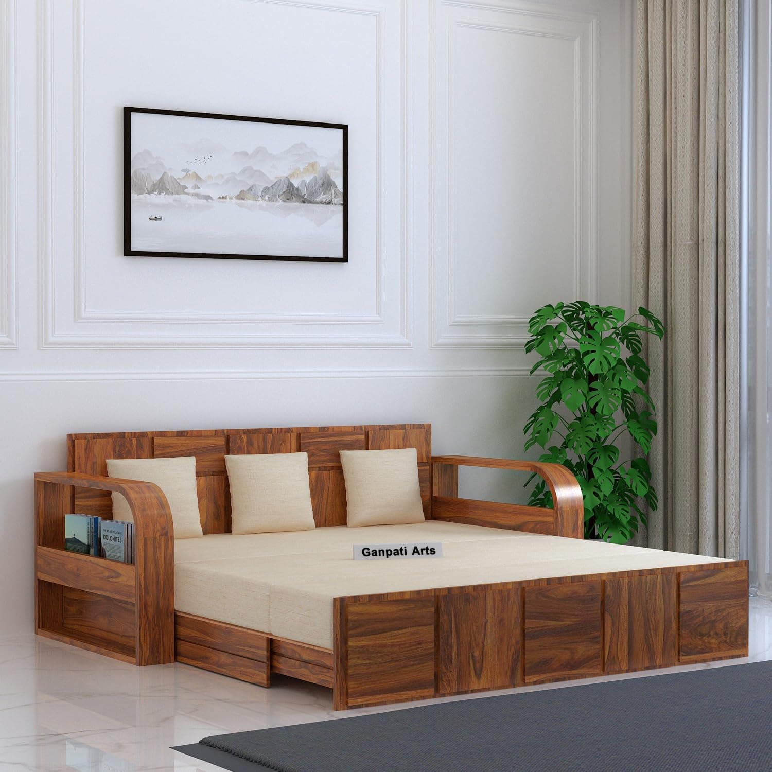 Ganpati Arts Sheesham Wood Headboard Design 3 Seater Scott Sofa Cum Bed With Side Book Storage Wooden Sofa For Living Room Home (Natural Finish), Brown