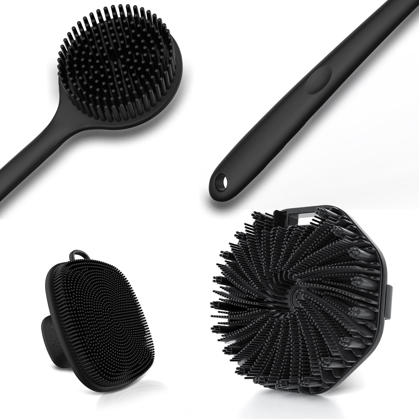 3 PCS Silicone Bath Brush Set,Back Scrubber & Body Brush & Face Brush Set, Super-Exfoliating & Lathering Body Scrubber, Shower Brush, Face Scrubber Combination for HomeBathroom Hotel Travel.(Black)