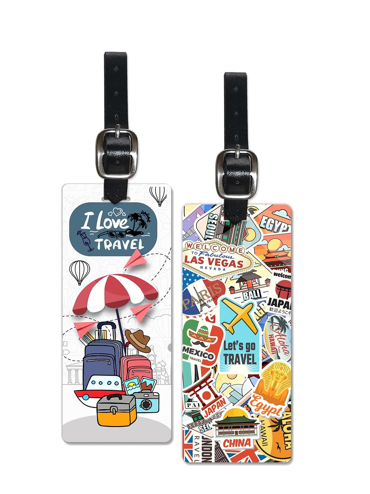 3D Lenticular Luggage Tag Long Pack of 2 | Stamp Sticker + I Love Travel | Luggage/Bag/Travel ID Label Tags for Suitcase & School Bags
