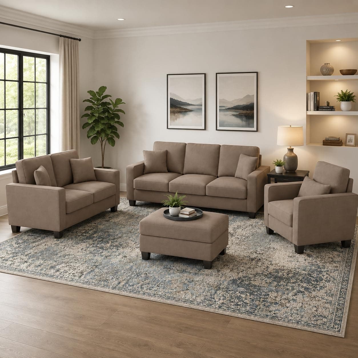 Torque - Moscow 6 Seater Fabric Sofa with Ottoman for Living Room,Bedroom,Office,Home Furniture - (3+2+1, Light Brown),1 Year Warranty.