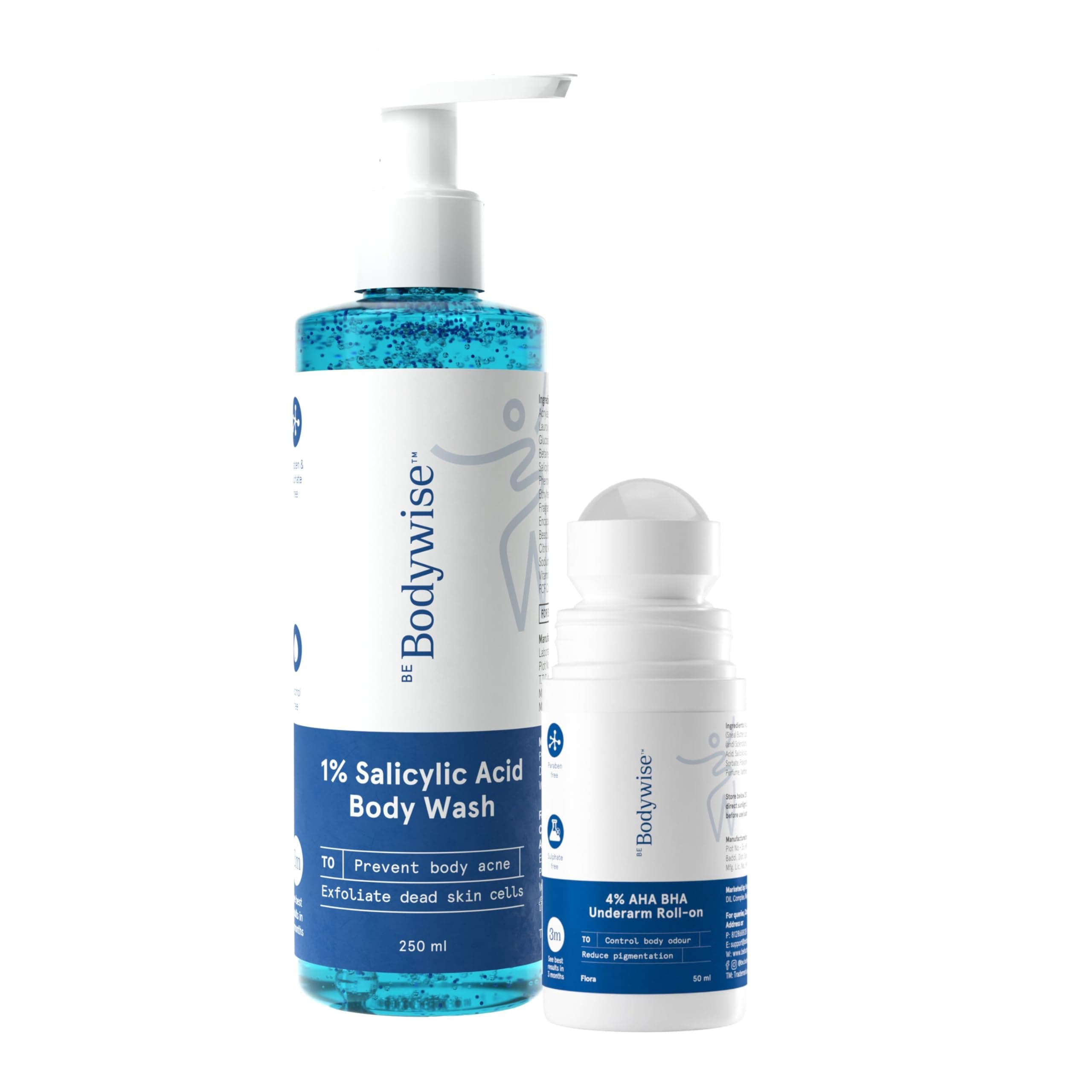 Be Bodywise 1% Salicylic Acid Body Wash (250ml) & 4% Underarm Roll on (50ml) | 2% Lactic Acid, 1% Mandelic Acid | Prevents Body Acne, Odour & Pigmentation | Suitable for Sensitive Skin