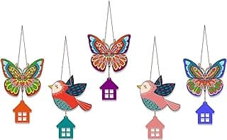 Artvibes Multicolored Birds & Butterfly Wooden Wall Hanger for Home Decor | Modern Decoration Items | Handcrafted Art | Wall Illustrations | Aesthetic Wall Hanging | Ideal Gifts (WH_9123N), Set of 5
