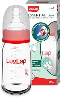 LuvLap Essential Slim Neck Glass Feeding Bottle, 125ml, 0m+/Babies Upto 3 Years, Made of Borosilicate Glass, BPA Free, Ergonomic Shape is Easy to Hold, with Anti Colic Nipple, White & Red, Pack of 1