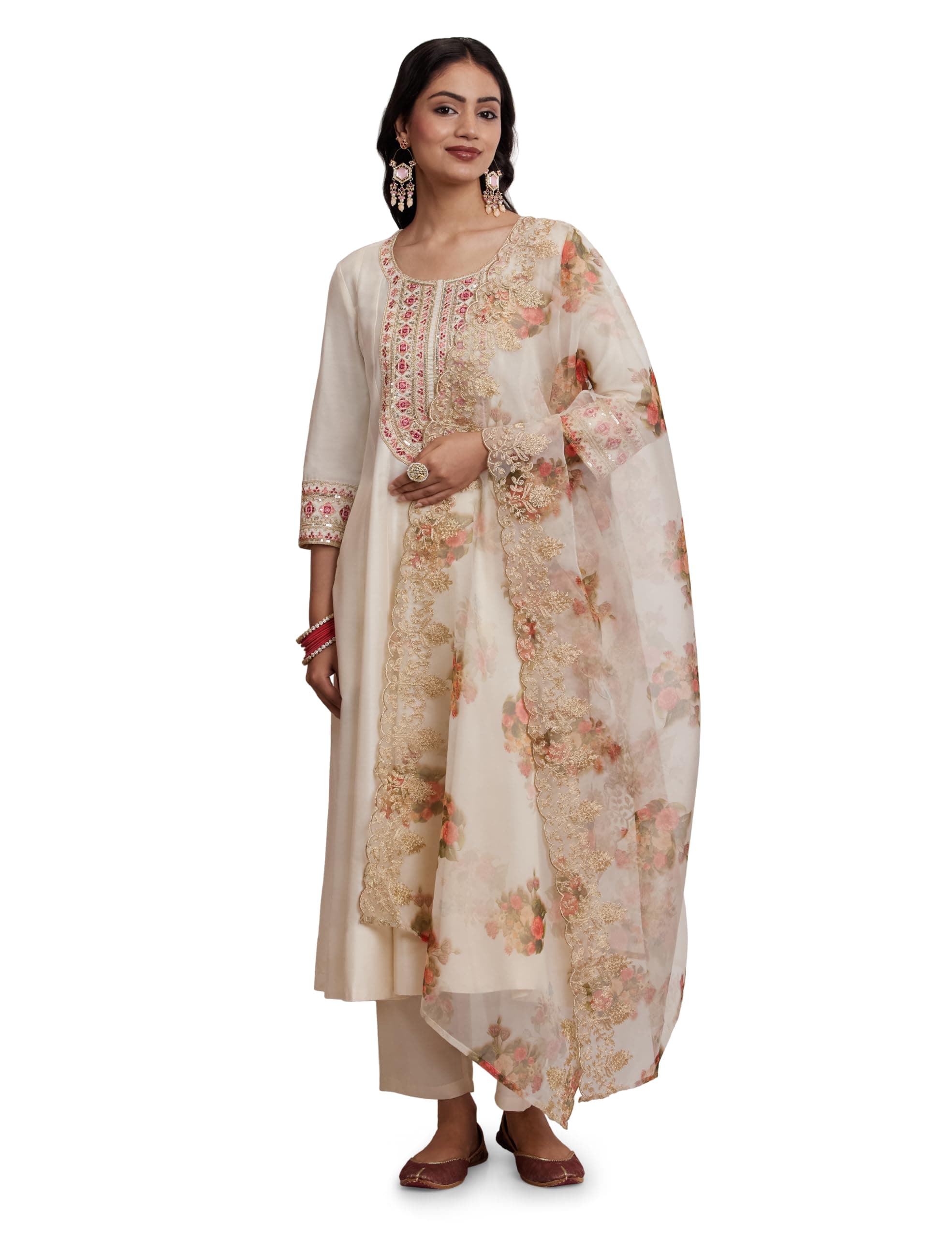 Amazon Brand - Myx Women's Embroidered Anarkali Kurta Suit Set with Organza Dupatta | A-Line Fit (Available in Plus Sizes)