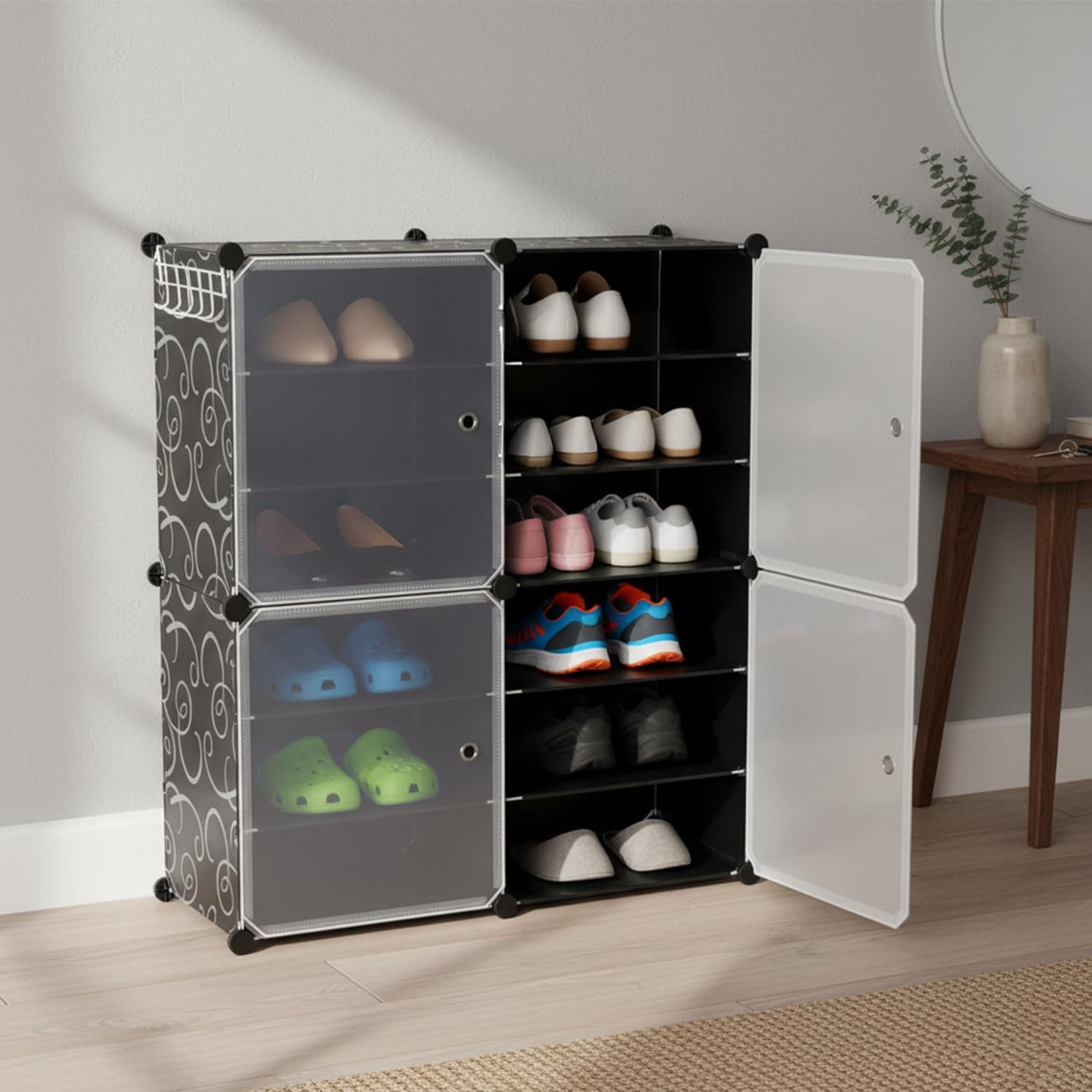 amazon basics Plastic Shoe Rack | 4-Door | 85 × 32 × 95 cm | Black | PP + Iron | Stackable, Dustproof, Foldable & Easy Assembly