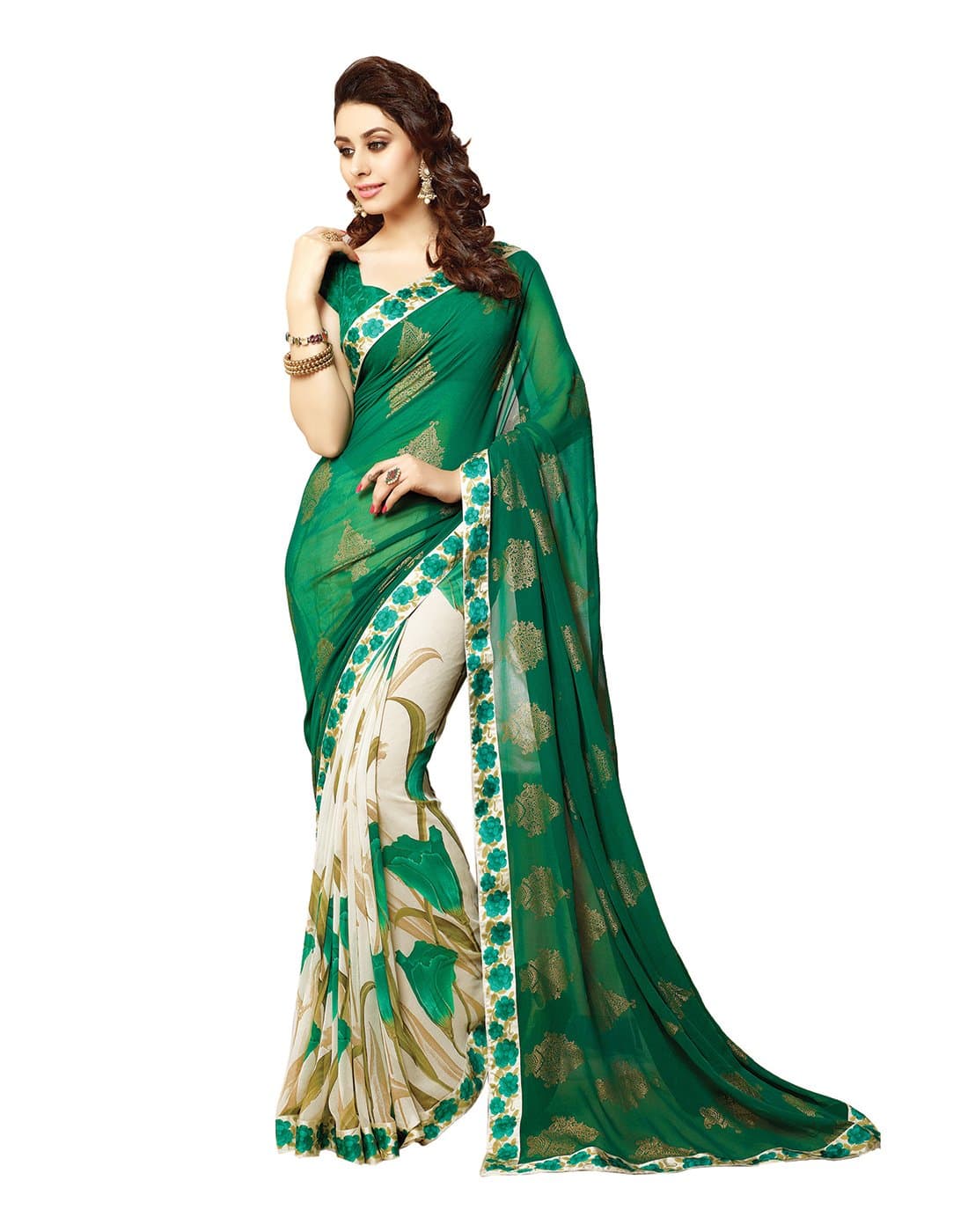 RAJESHWAR FASHION WITH RF Women's Georgette Foil Printed Sarees For Women With Lace Border Saree & Blouse Piece(Multicolored_Free Size)
