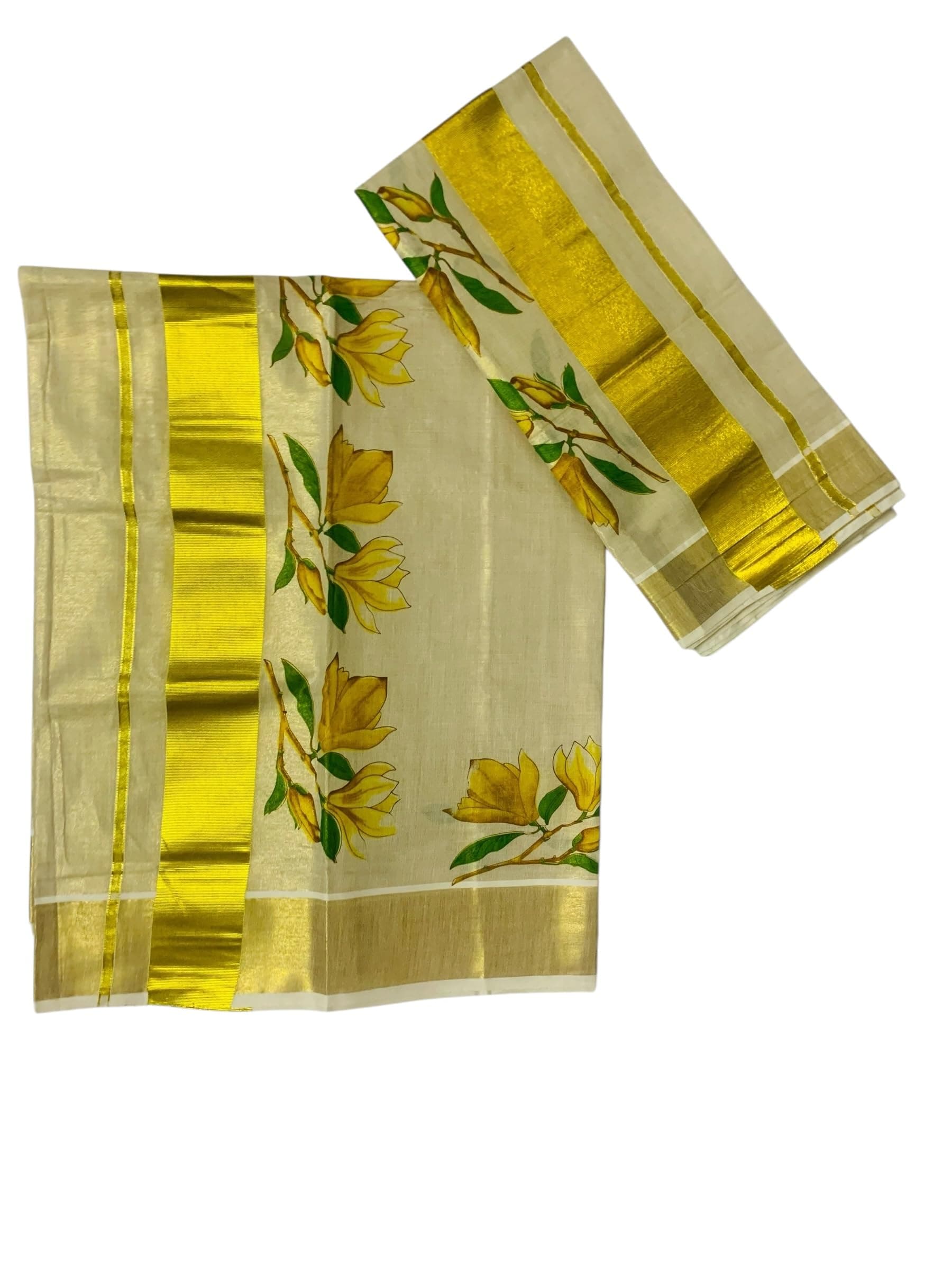 Kuthampully Women’s Golden Tissue Kerala Kasavu Set Mundu Mural Painted - Onam Collections EKM-339