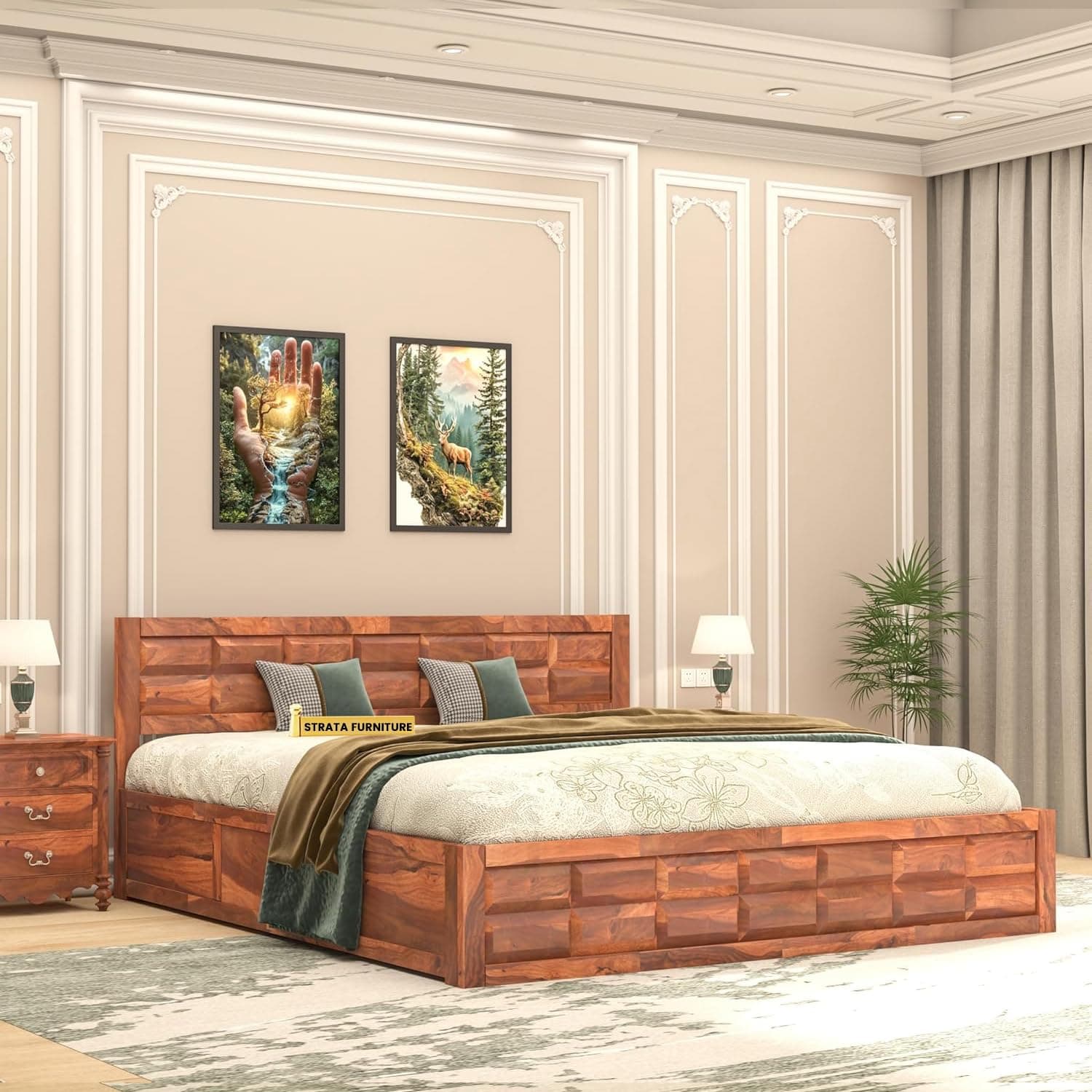STRATA FURNITURE Solid Sheesham Wood King Size Bed with Box Storage | Wooden Double Bed Cot Palang Furniture for Bedroom Living Room and Home (Honey Finish)
