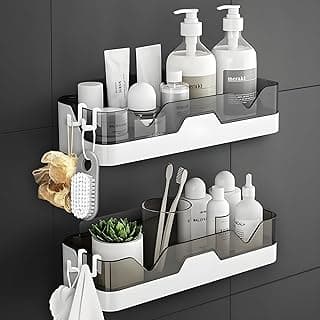 House of VIPA Wall Mounted Bathroom Shelf Organizer | 2 Tier Plastic Bathroom Rack with 4 Hooks | No Drill Adhesive Bathroom Accessories for Shampoo, Soap & Toiletries