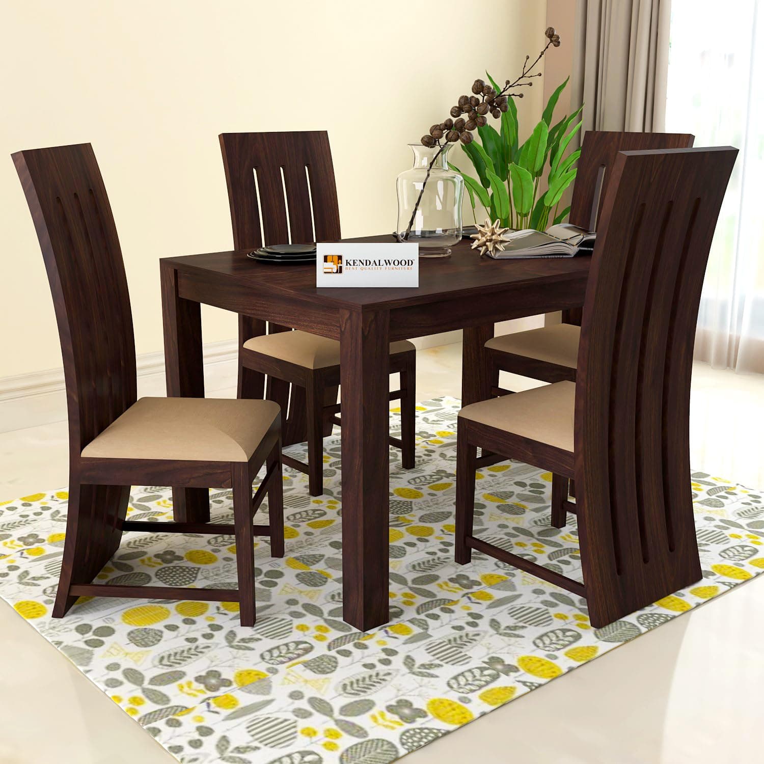 KENDALWOOD™ Furniture Sheesham Wood Dining Table(45x30 Inch) |1 Year Warranty | 4 Seater Dining Set | Wooden Dining Table with Chair - | Walnut Finish with Cream Cushions -DIY(Do-It-Yourself)