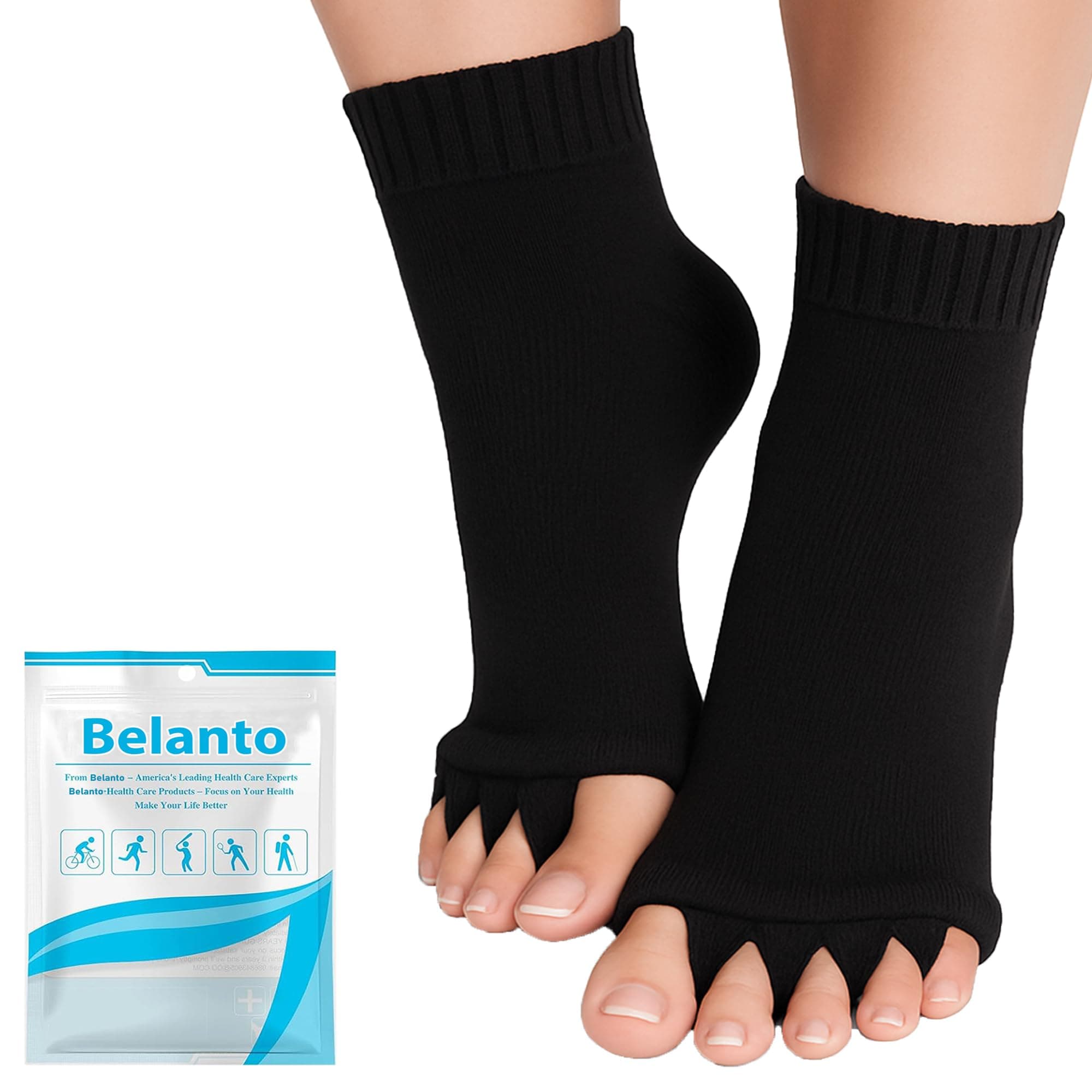 Belanto Foot Alignment Socks for Men & Women, Toe Separator Cotton Sock for Pain Relief, Plantar Fasciitis, Hammer Toes, Bunion Hallux Valgus, Foot Support Socks, Free Size, Black, 1pair