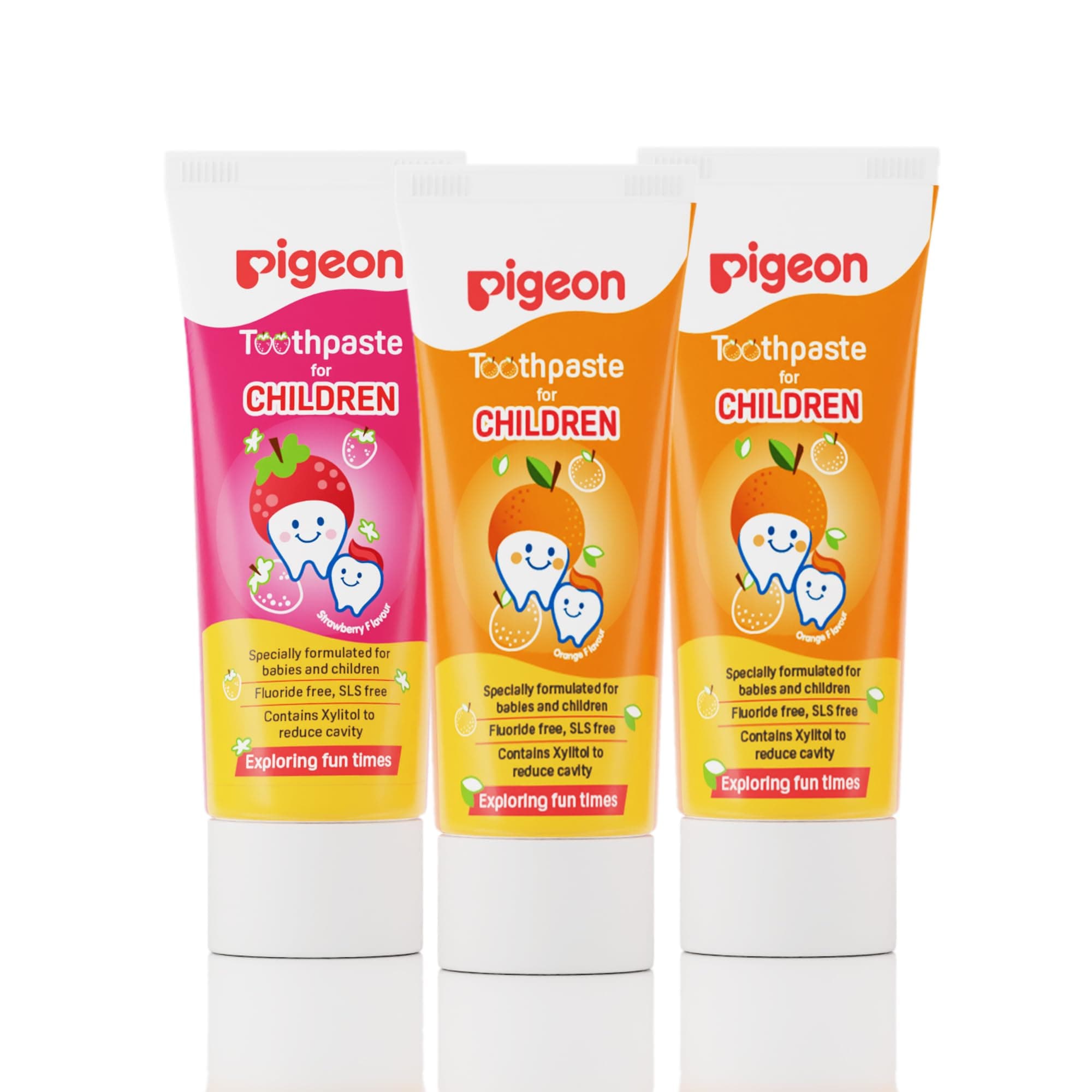 Pigeon Children Toothpaste Tripack 45 g (2 Orange + 1 Strawberry) | Fluoride & SLS Free | Colour & Paraben Free | pH-Balanced Gentle Oral Care