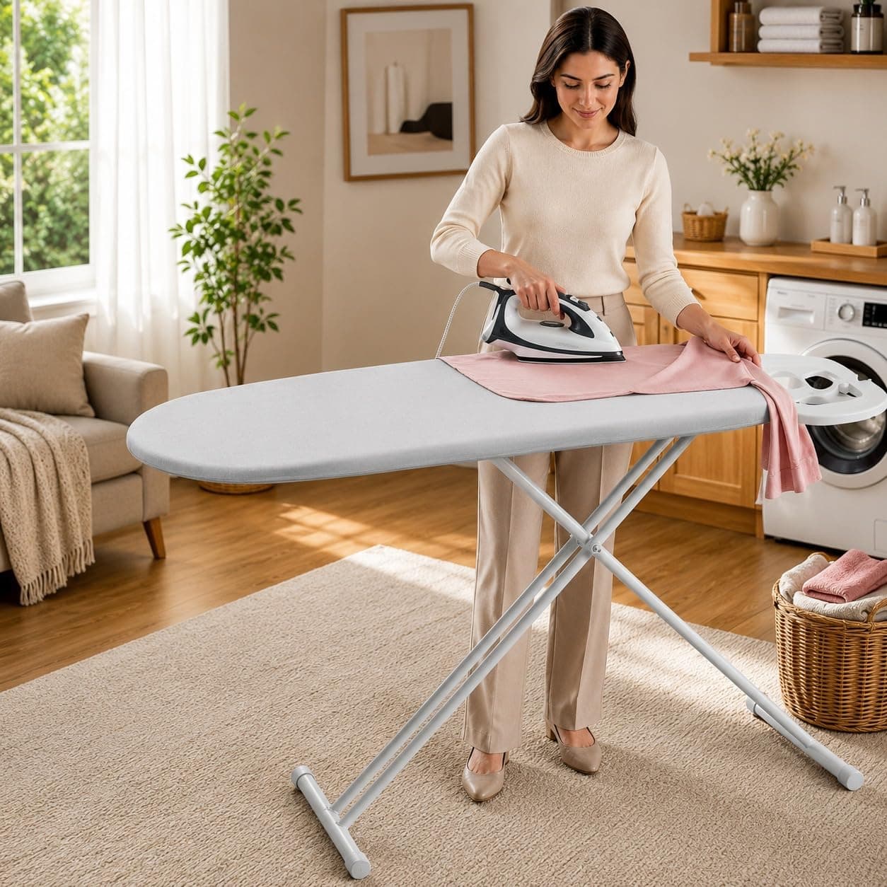 Lifelong Foldable Ironing Board with Steel Frame, Heat-Resistant Cover | Heavy-Duty & Durable Iron Board with Stand | Adjustable Height, Anti-Skid Legs, Portable & Space-Saving Design (Silver & White)