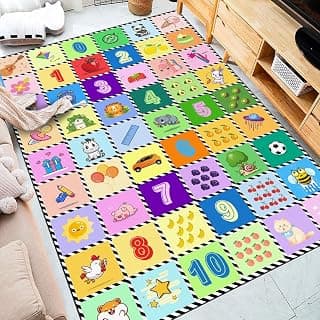 Kids Number Alphabet Game Rug - ABC Educational Area Rug - 2' 7" x 4 'Fruit Animal Pattern for Kids Room Playroom Bedroom Kindergarten Nursery Soft Non-slip Machine Washable