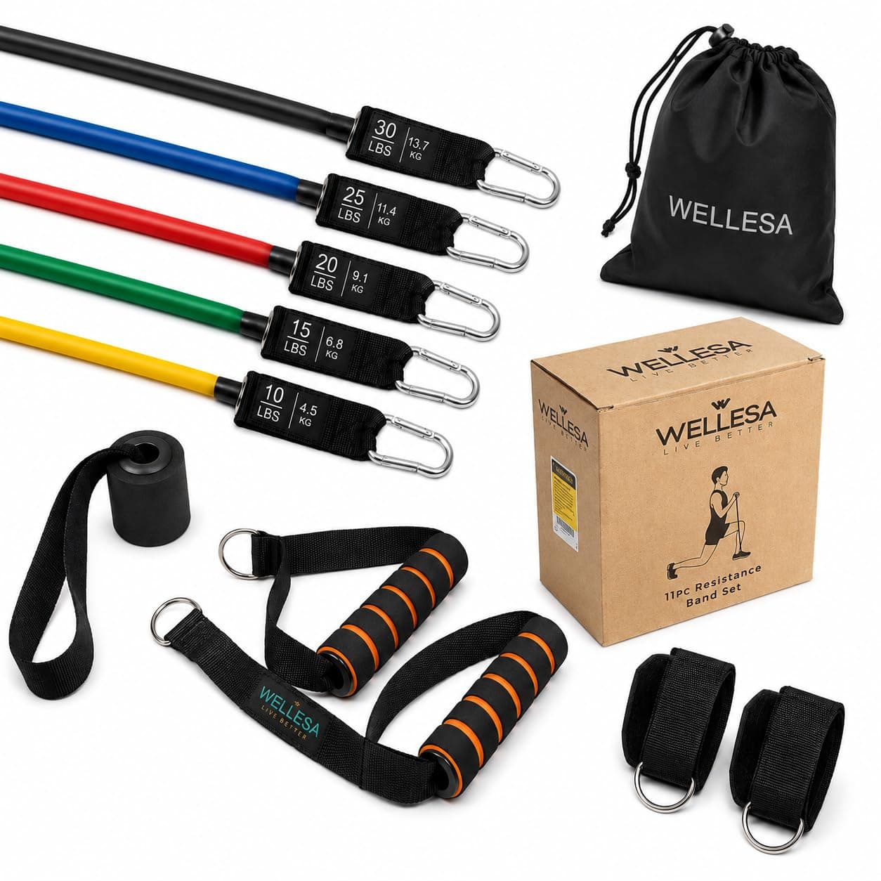 WELLESA 11 Pcs Resistance Tube Set with Handles | 100LB Stackable Exercise | Bands with Door Anchor, Ankle Straps & Carry Bag | TPE Home Gym Kit for Strength Training, Yoga & Workout for Men & Women