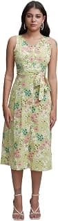 Tokyo Talkies Women's Elegant Floral Printed A-Line Midi Dress with Belt A Sleeveless Stunner for Effortless Charm
