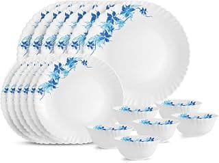 CELLO Blue Swirl Dazzle Series Opalware Dinner Set of 18 Pieces for Family of 6 | Bone-Ash Free & Leadfree Opal Glass, Microwave & Dishwasher Safe, Plates & Bowls Crockery Set for Dining & Gifting
