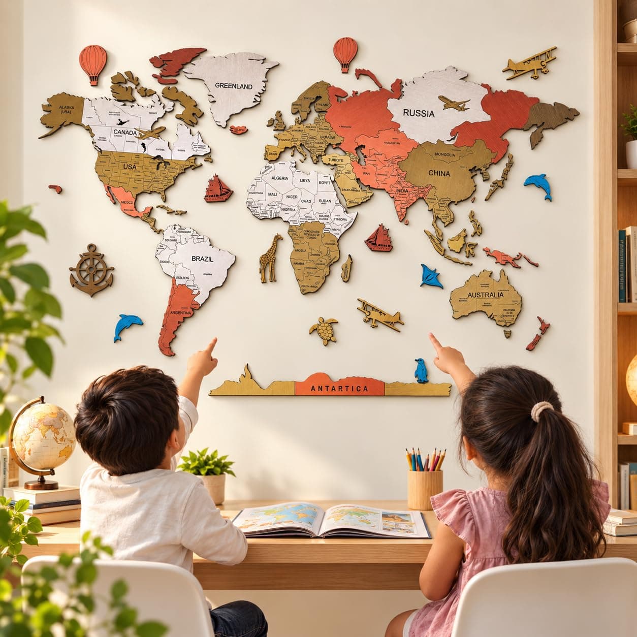 Elk 3D Wooden World Map Wall Decor for Home Office Size 90x52 CM | Premium 3D wooden world map home decor with detailed country names, capitals and easy installation kit for home or office