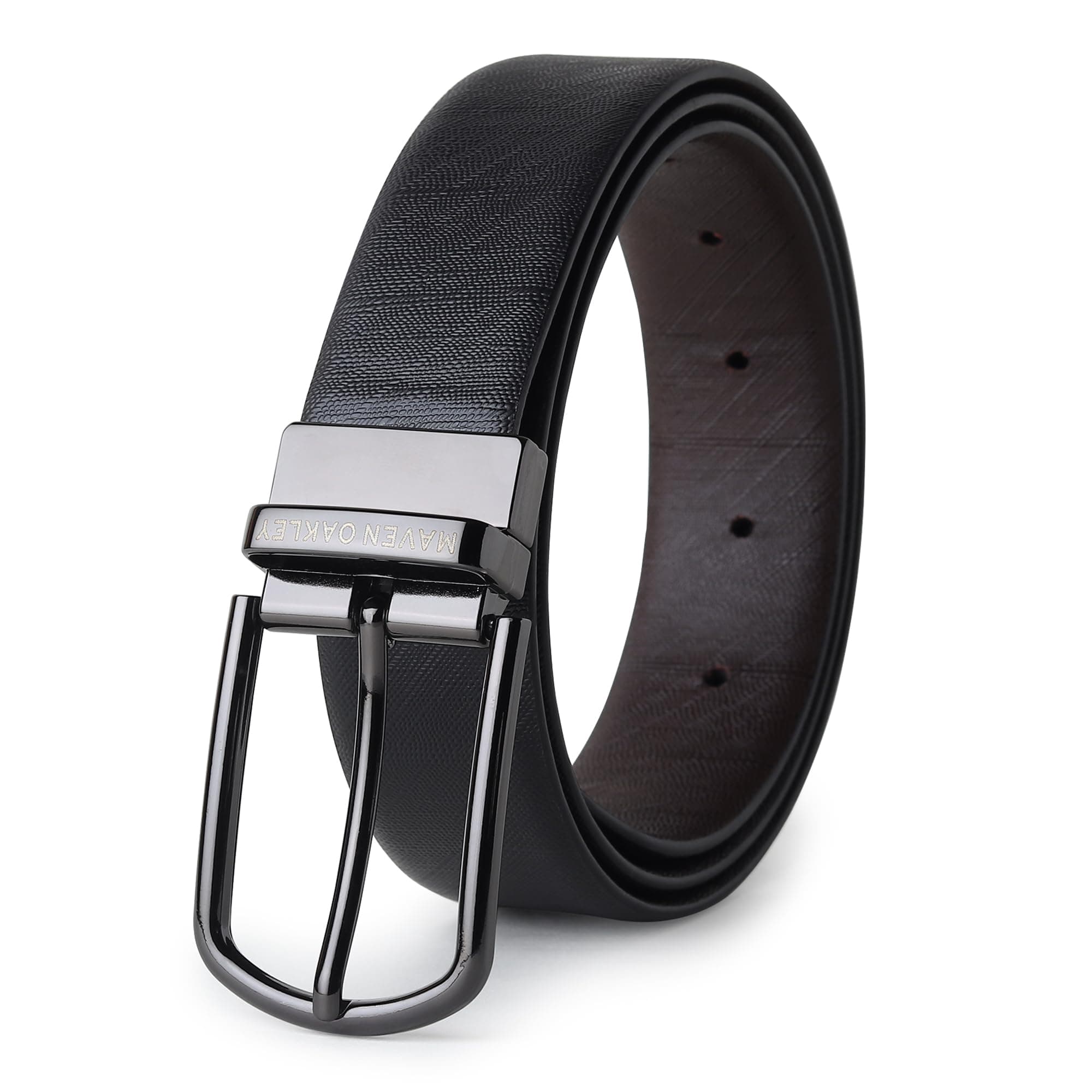 Maven Oakley Belts for Men Leather Original, Reversible Black & Brown Formal & Casual Italian Leather Belt with Solid Metal Curved Buckle