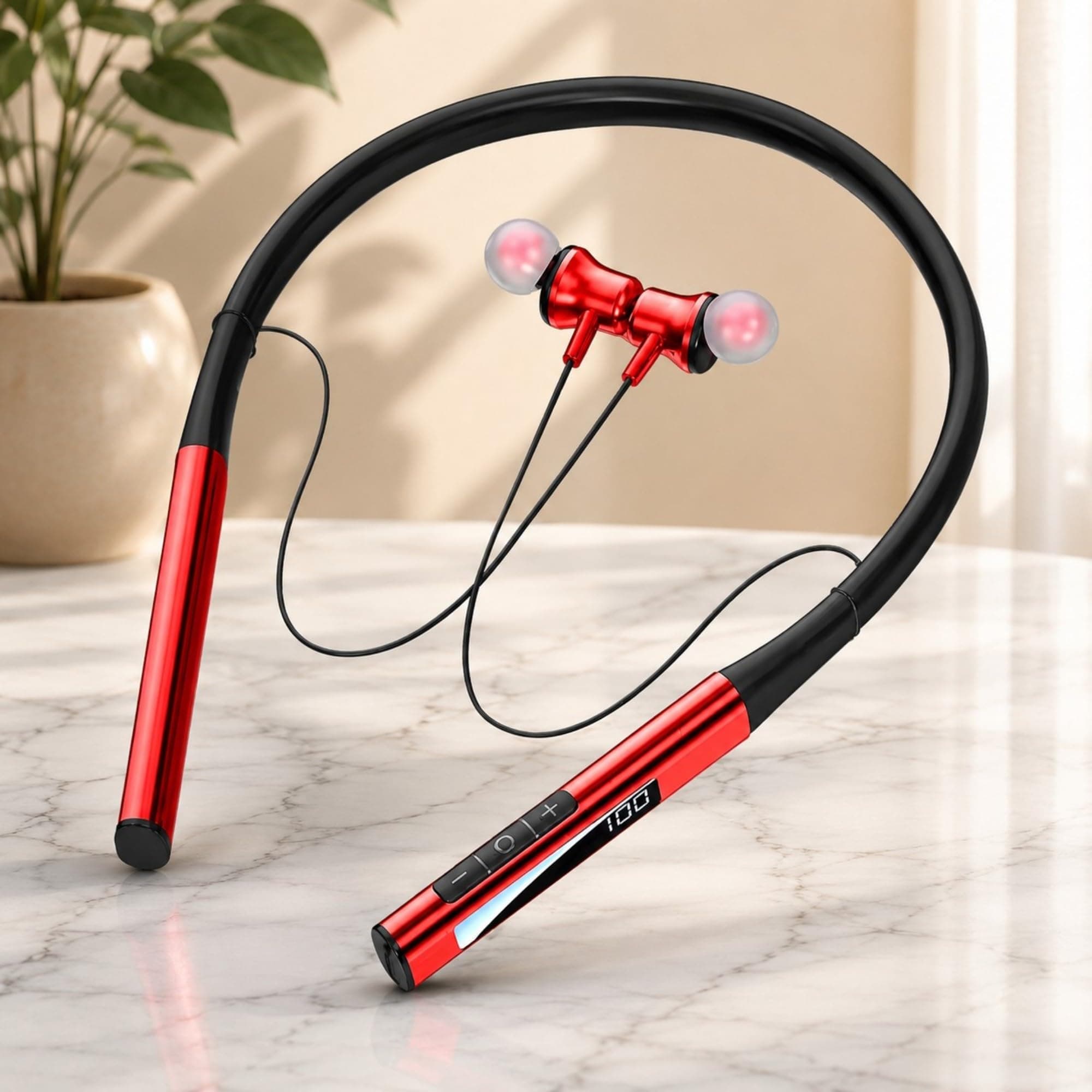iFAST Digital Display Bluetooth 5.4 Wireless Neckband Earphone | Up to 70 Hours Music Platime | with Plug & Play TF Card Support | Voice Assistance, Dual Pairing [ Red ]