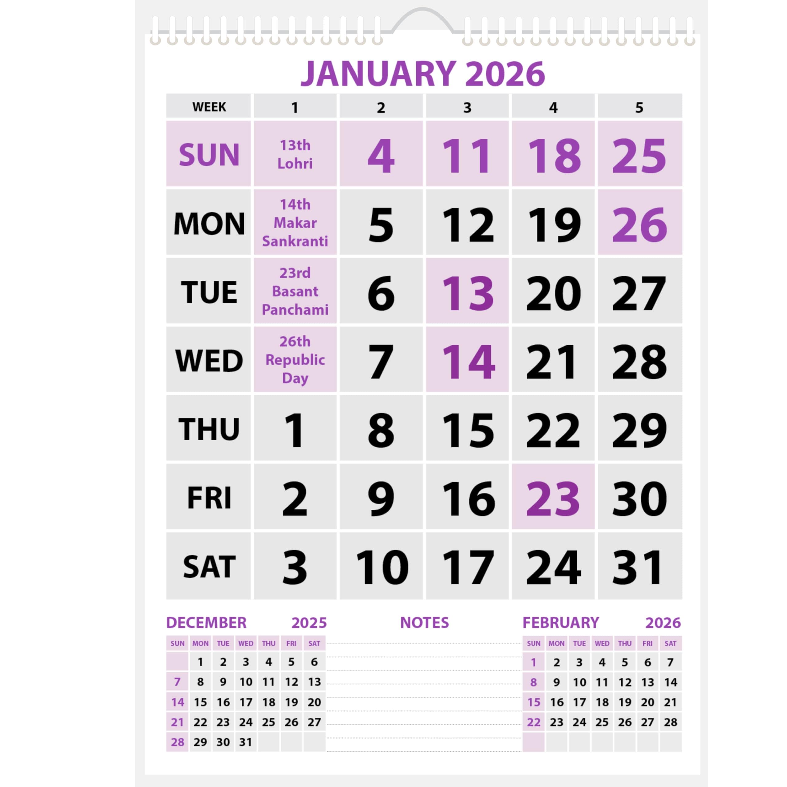 LAURET BLANC 2026 Wall Calendar -14.75" X 20" for Home & Office, Holidays Mentioned, 150GSM Art Paper, (F)