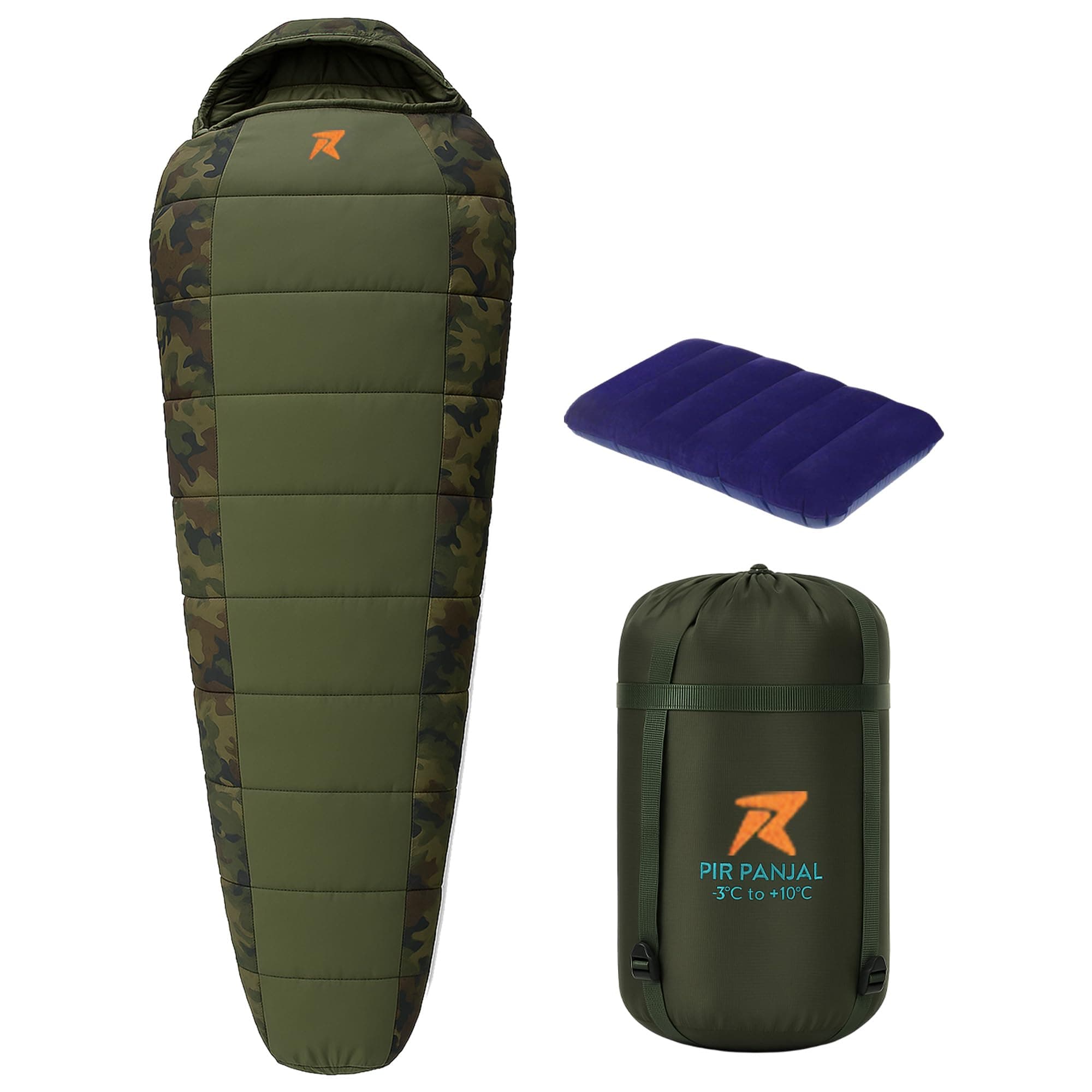ROCKSPORT Pir Panjal +3°C to +10°C Mummy Sleeping Bag for Adult with Air Pillow, Camping Sleep Bag with Lightweight Hollow Fiber Filling for Winter Season (Army Green)