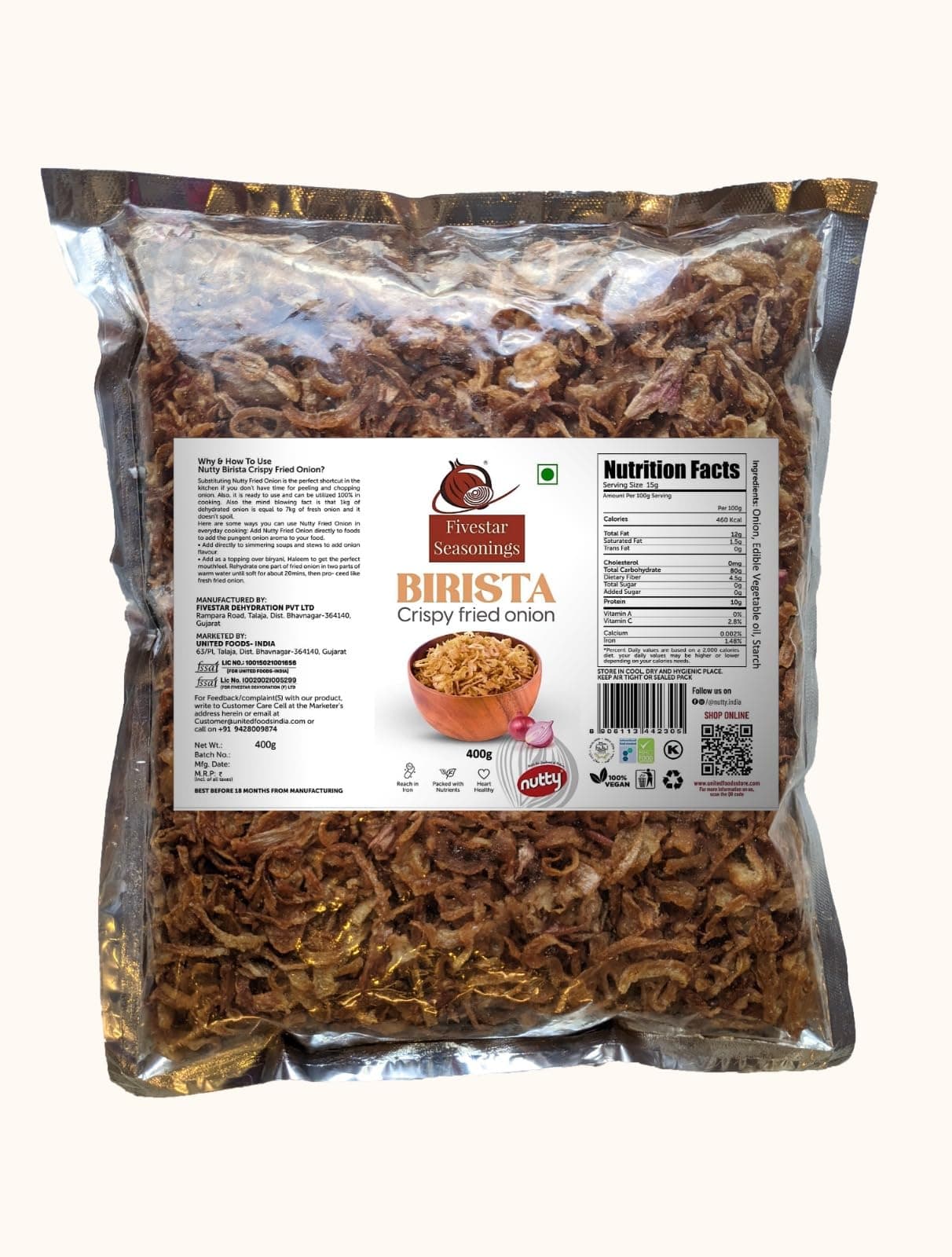 Nutty Fivestar Birista Crispy Fried Onion Seasonings Fried Onions, Rich In Iron, Heart Healthy,Dried,400 Gm