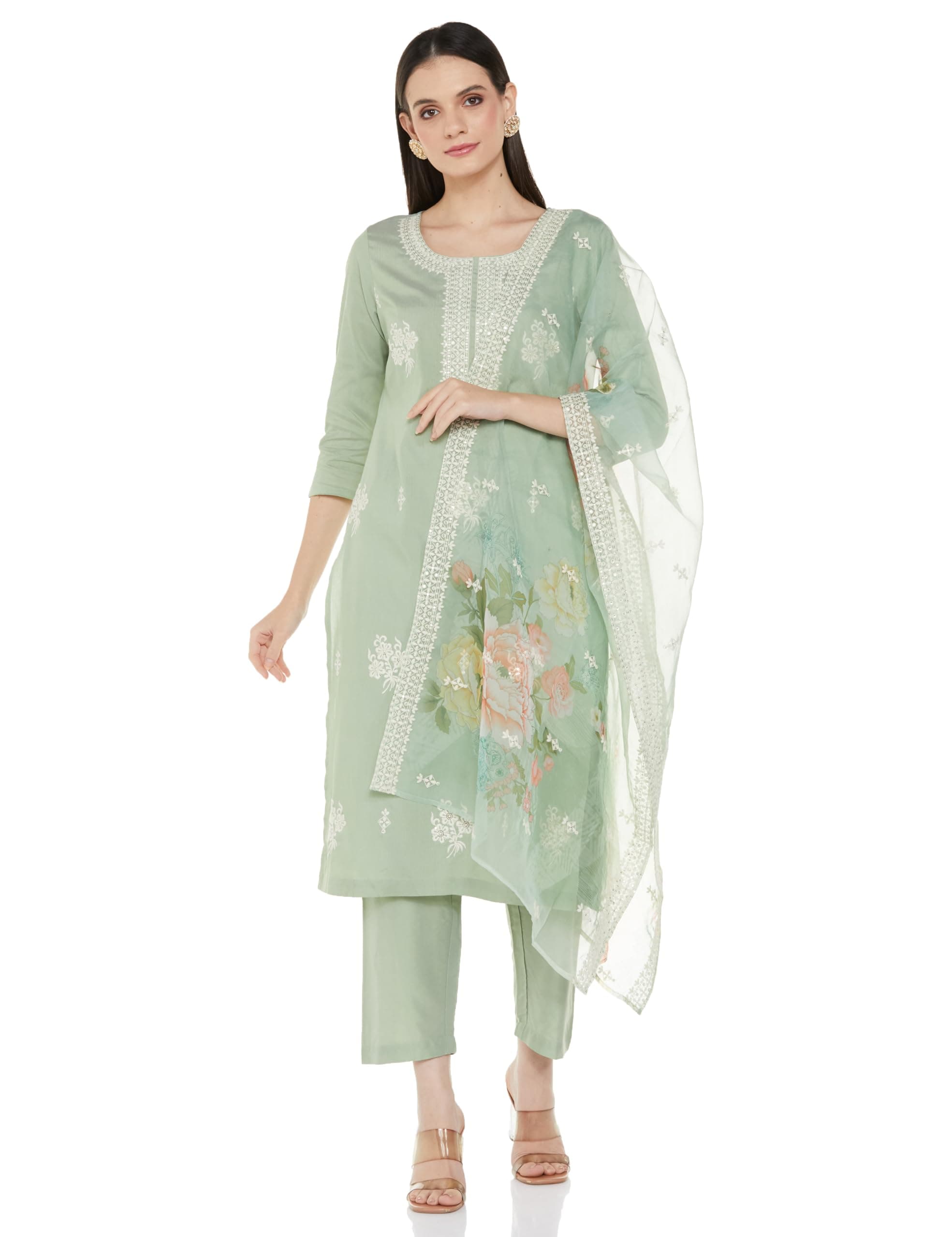 Amazon Brand - Myx Women Embroidered Kurta Pant Set with Organza Dupatta | Viscose,Rayon (Available in Plus Sizes)