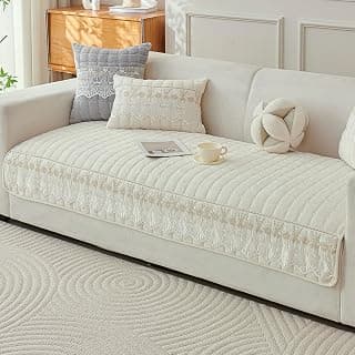 HOKIPO 'BelleLace Series' Imperial Milk Velvet Sofa Cover Mat with Lace Design| Make Your Own Sofa Cover Set, Mat Length 90(D) x 170(L) cm, Pearl White (AR-5966-WHT)