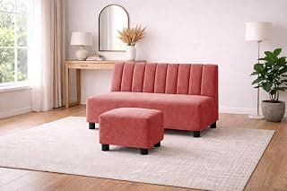 Rosebell 2 Seater Sofa Set with Ottoman, Plush Upholstered Couch with Matching Footrest, Modern Comfortable Seating for Living Room & Office, Guest Room - Rose Pink Color