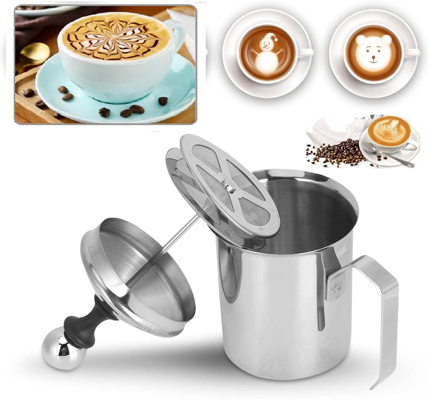 Delightbee Milk Frother Manual 400ml Milk Frothing Pitcher Stainless Steel Coffee Milk Foamer Latte Cappuccino Foam Pitcher with Handle | Manual Milk Creamer for Frothing and Steaming