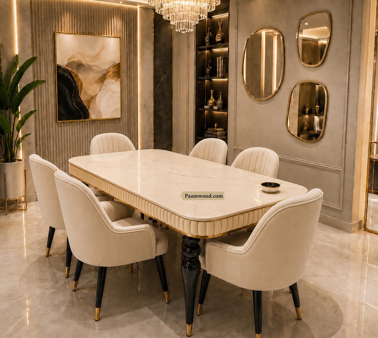6 Seater Dining Table Set with 6 Upholstered Chairs Included, Nano Composite Marble Top, Solid Wood Base, 2 Year Warranty – Modern Dining Room Furniture (Cream)