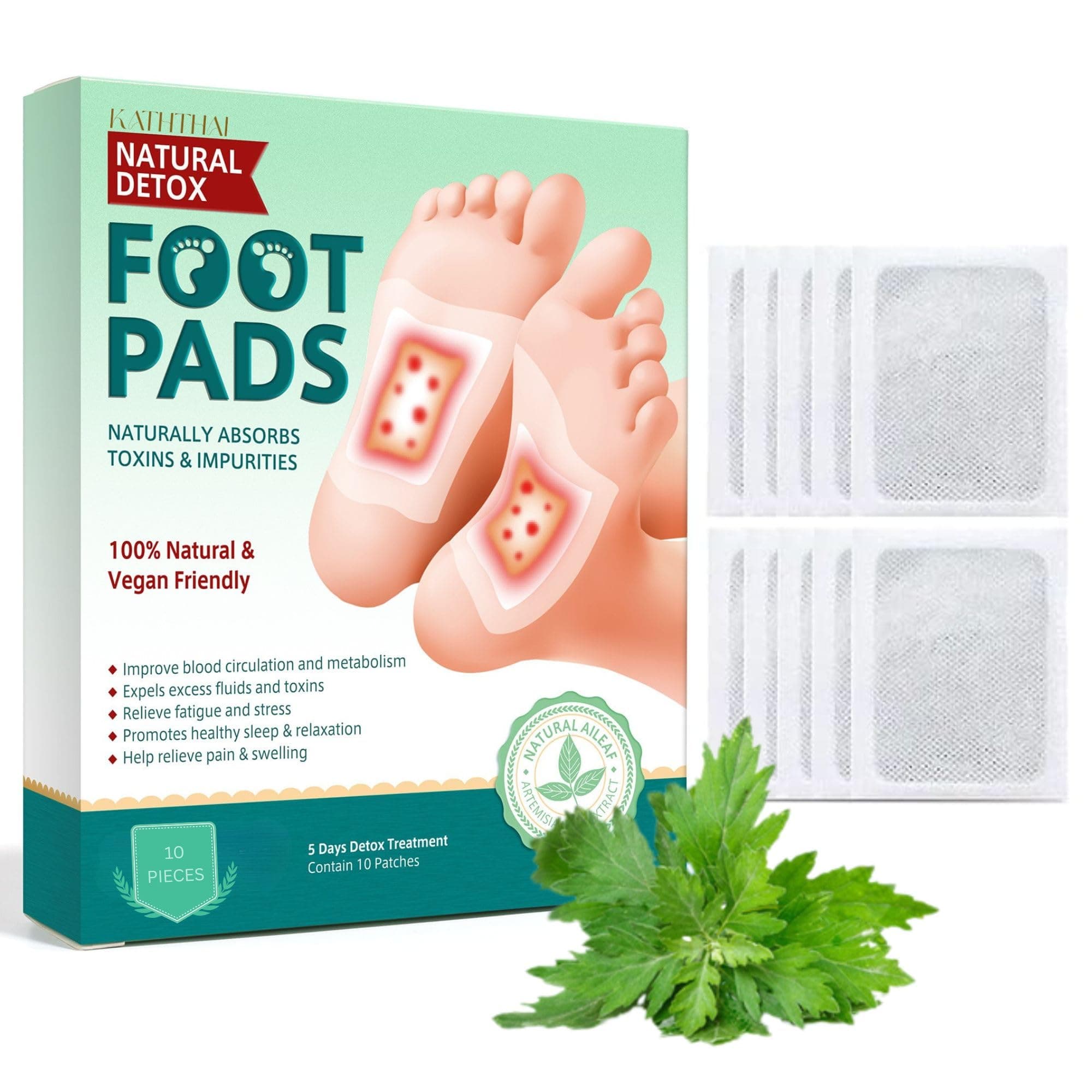 Kaththai Foot patch Herbal And Gentle Ingredient (10 Pieces) Detox Foot Pads Natural Ingredients for Sleep Aid Pain Relief Toxin Removal with Bamboo Vinegar and Acupoint Micro-Massage Technology