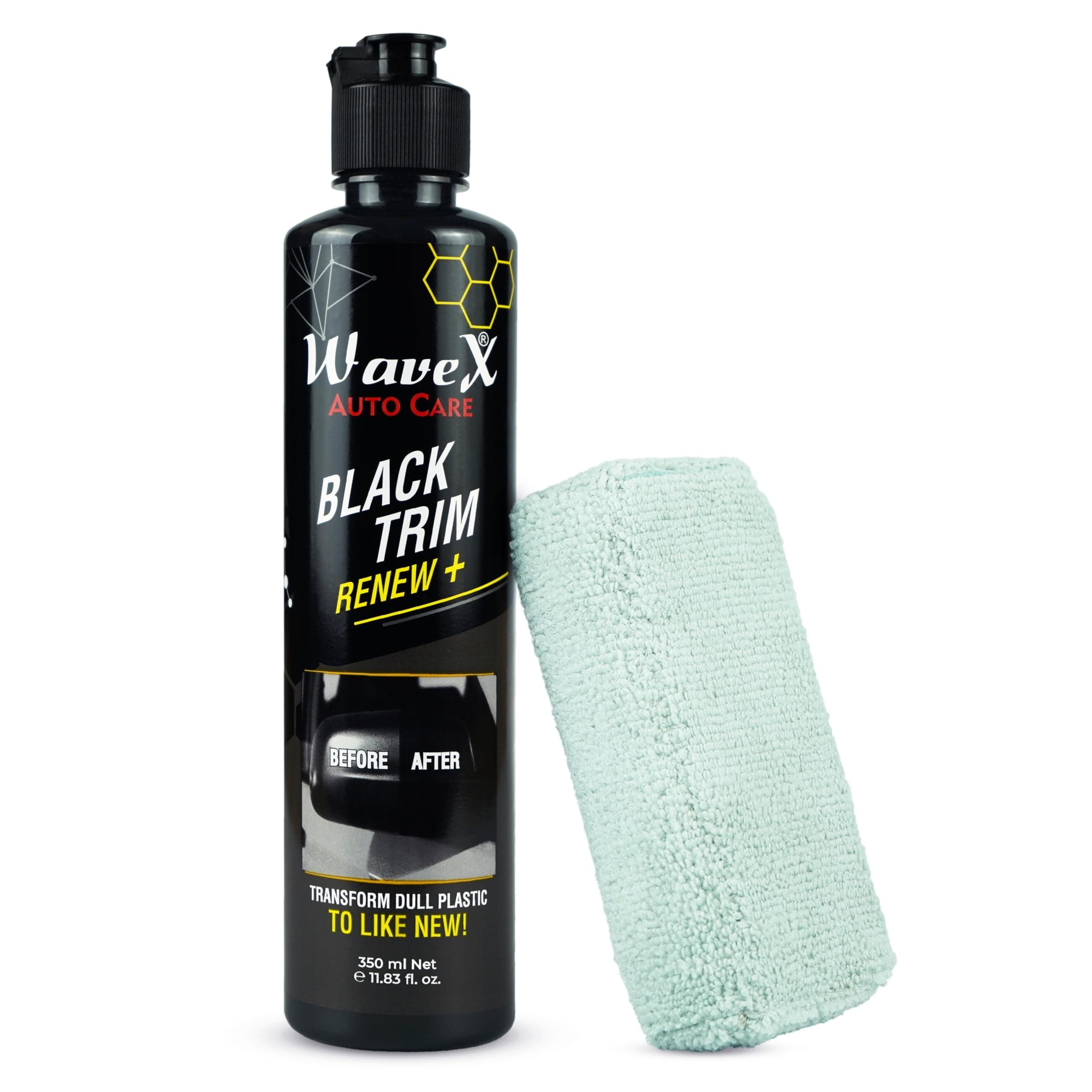 Wavex Black Trim Renew Plus Combo with Applicator Pad | 350ml Plastic & Rubber Restorer | Revives Faded Exterior Trim & Bumpers | Long-Lasting UV Protection | Wash Resistant