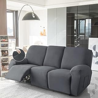 HOKIPO 'SereneSolids' 140 GSM Recliner Stretch Sofa Slipcover 3 Seater Fully Covered 8-Piece Set Machine Washable Furniture Protector with Elasticity for Kids Pet, Grey (NEW2-4742-GRY)