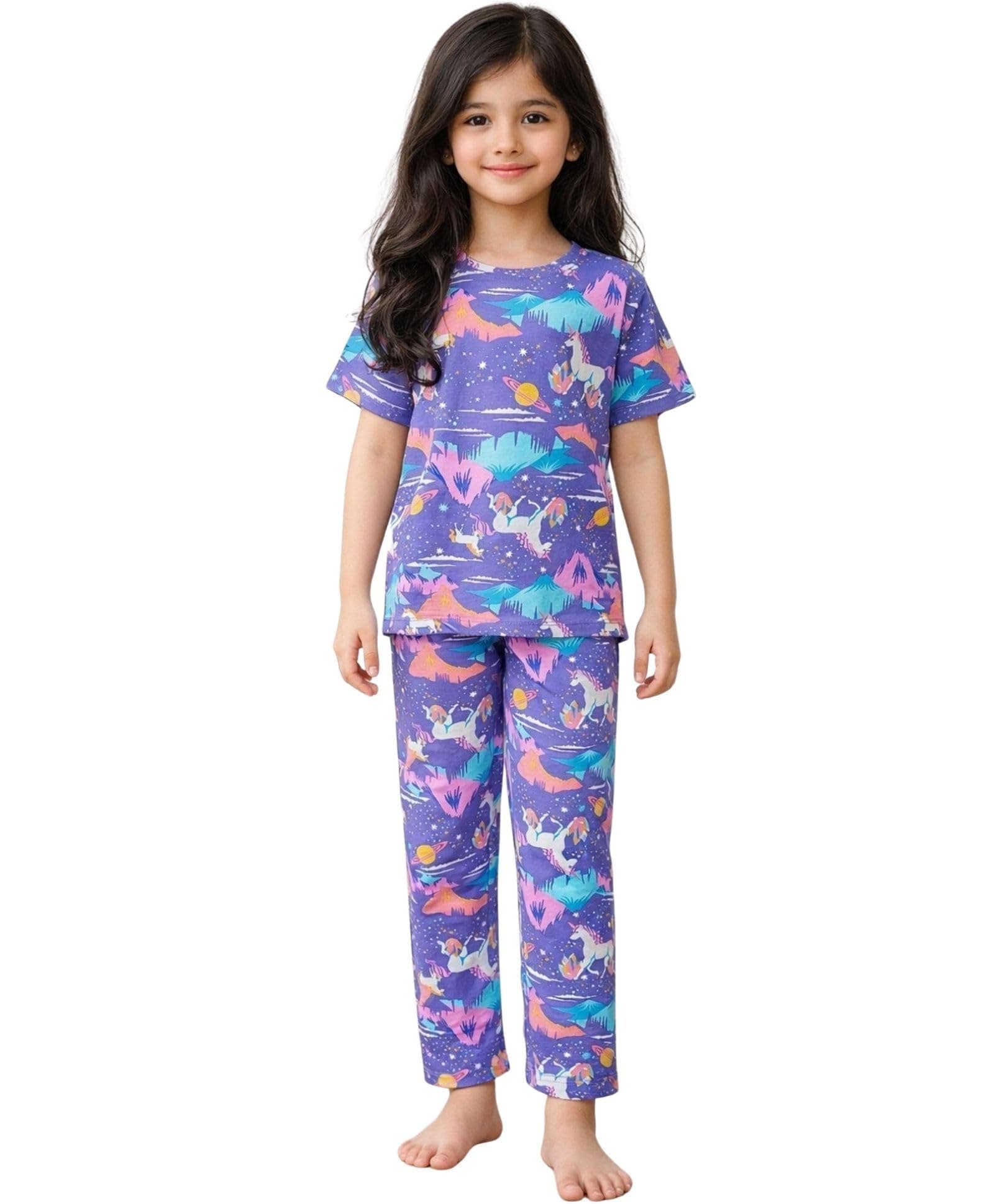 ANTHRILO Summer Unicorn Planet Short Sleeve Pyjama Set - Purple