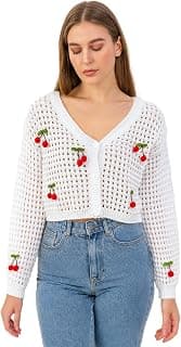 ICW Women Knit Cardigan with 3D Cherry V-Neck Long Sleeve Hollow Out Cropped Top Jacket E362-1 (in, Alpha, M, Regular, Off-White)