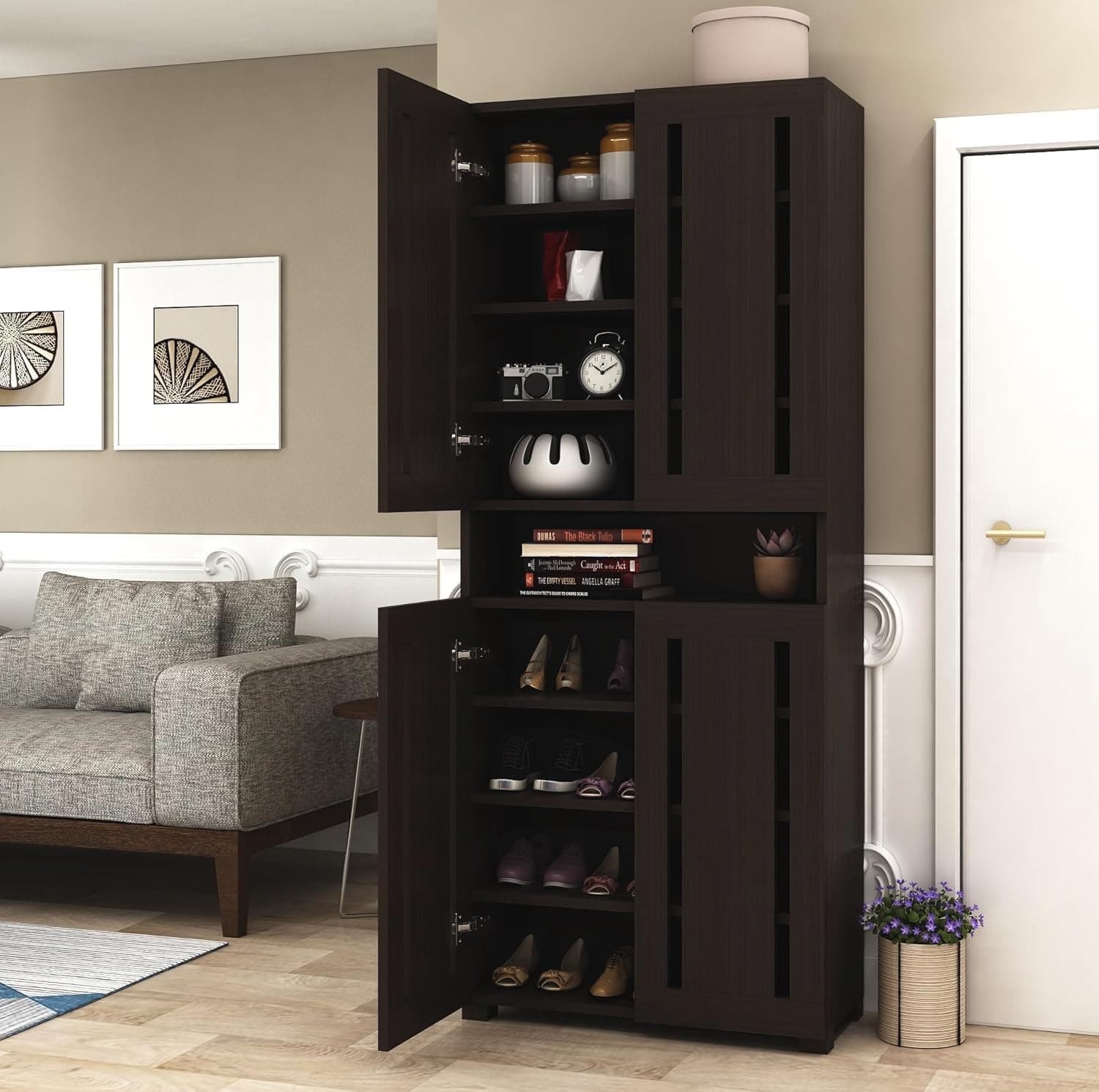 Furniva Skyline 6 Feet Wooden 2 Door Shoe Rack Cabinet | 9 Shelf Multipurpose Shoe Organizer for Home & Hallway | Engineered Wood with Airflow Slots | DIY Assembly | 1 Year Warranty (Wenge)