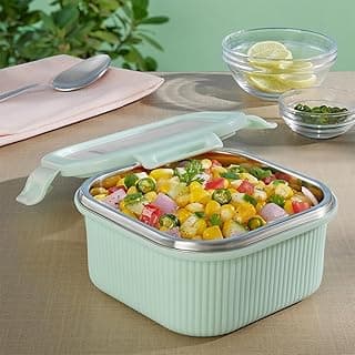 Larah by BOROSIL Freshbyte 400 ml Square Food Storage Container with Airtight Stainless Steel Lid | Fridge Container for Lunchbox | Food Grade Steel | Microwave Safe | Green