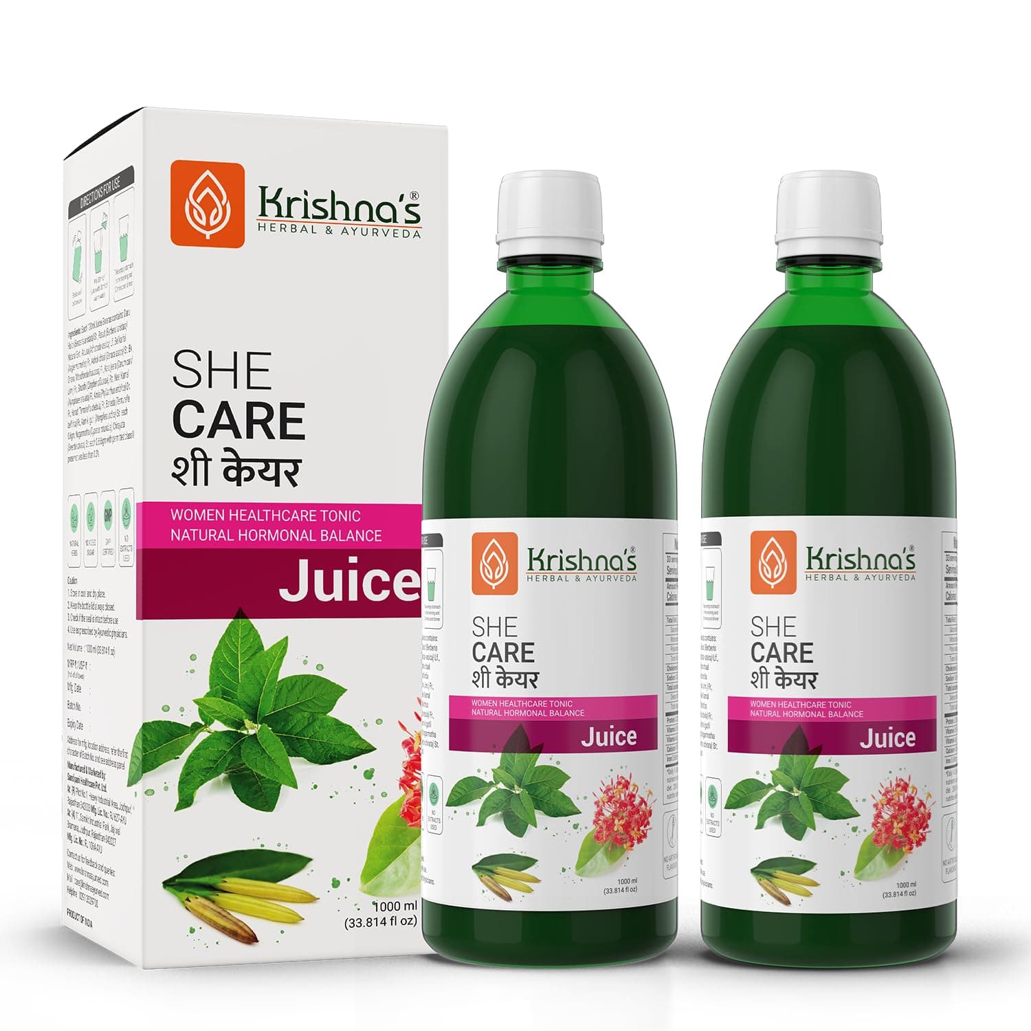 KRISHNA'S HERBAL & AYURVEDA Women's She Care Juice Infused With 5 Herbs for Hormonal Balance, PCOS, PCOD, Period Pain Relief, Hair & Skin Health, Clinically Proven - 1000 ml Each (Pack of 2)