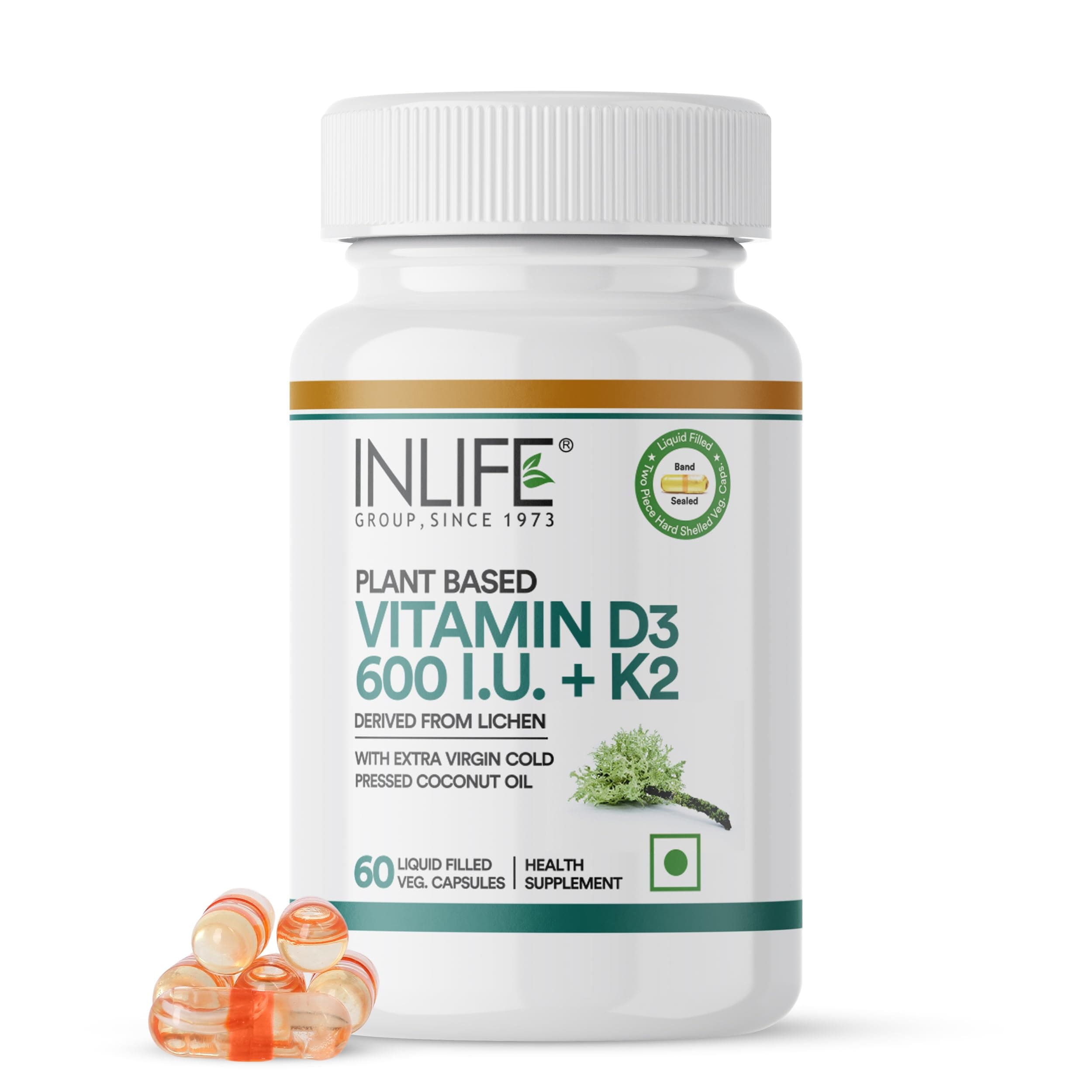 INLIFE Vitamin D3 Cholecalciferol 600 IU with Coconut Oil, Bone Health Immunity & Calcium Absorption, Men Women, 60 Liquid-Filled Capsules (Pack of 1)