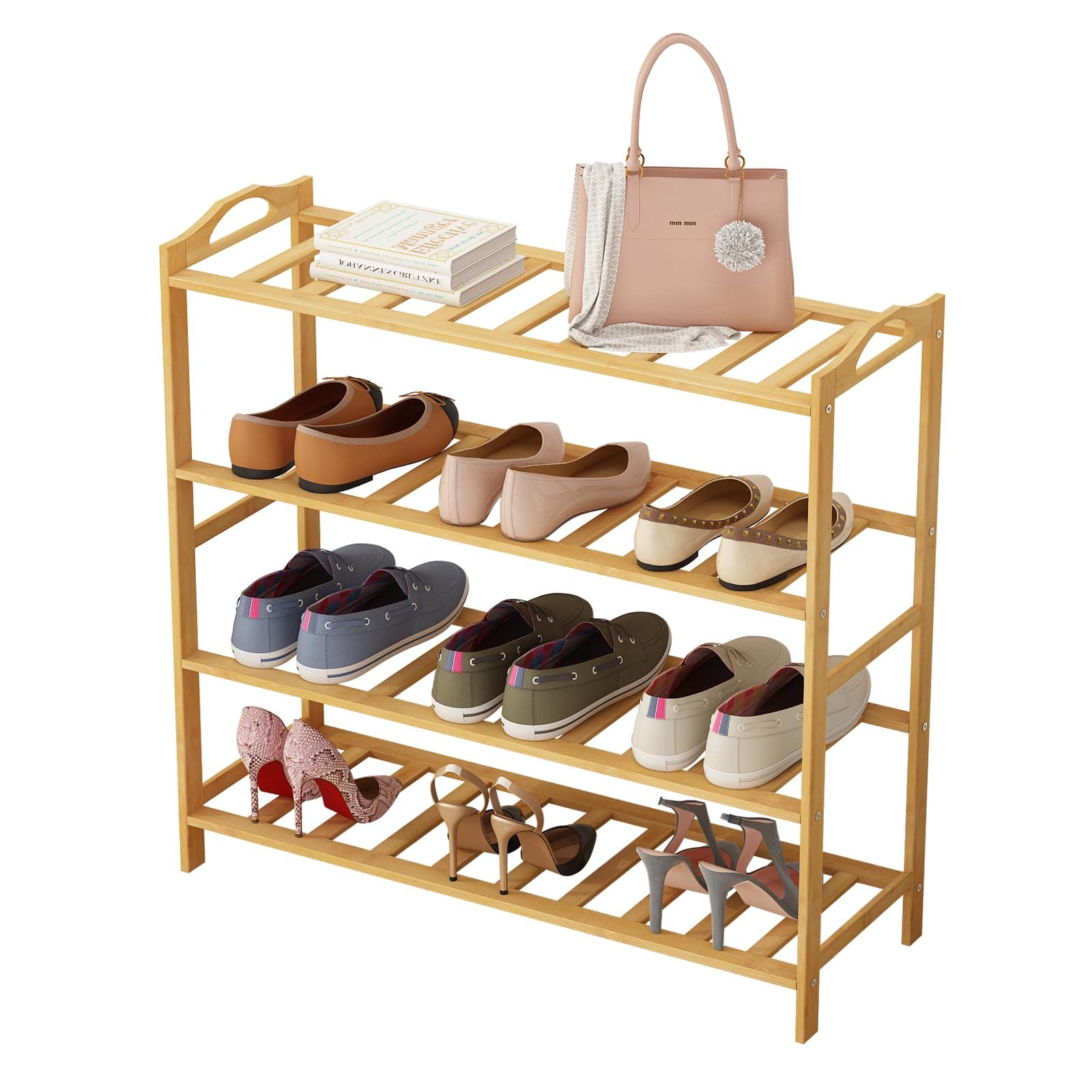 Amazon Brand - Umi 4 Tier Bamboo Shoe Rack for Home Shoe Storage Multipurpose Storage Shelves Shoe Stand for Chappal Slipper Sneakers Footwear Space Saving Portable Shoe Rack