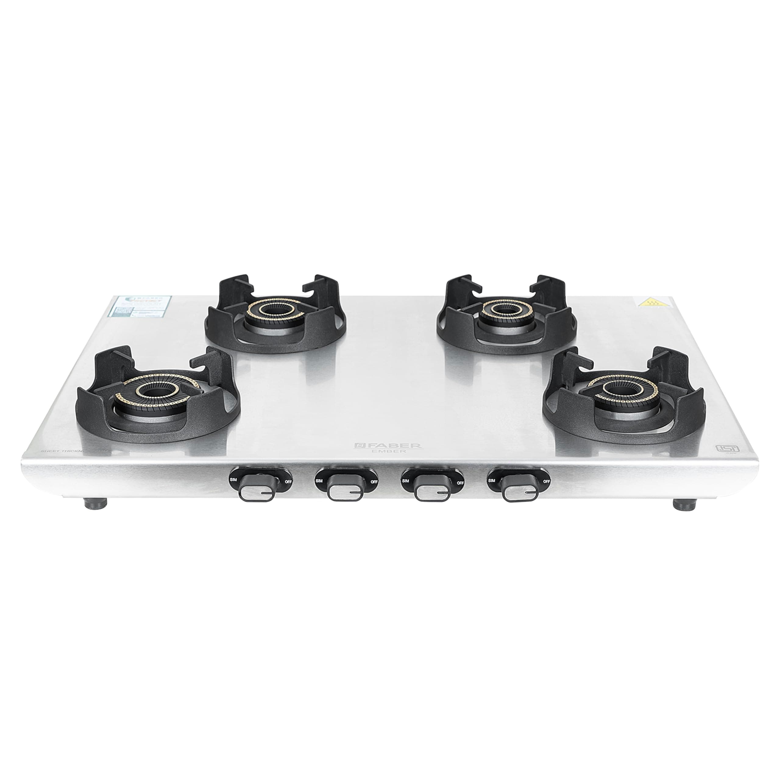 Faber Ember Stainless Steel Cooktop | 4 Brass Burners (Jumbo, 2Medium & Small |Manual Ignition | Diamond-Coated Pan Support |Cooktop Ember 4BB SS CI (4 Burner)