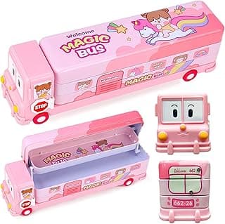 PRIME DEALS Bus Shape Pencil Box School Bus Metal Geometry Box for Kids Magic Bus with Moving Tyres with 3 Compartments Moving Tyre's & Sharpener Geometry Case for Boys & Girls (Pink)