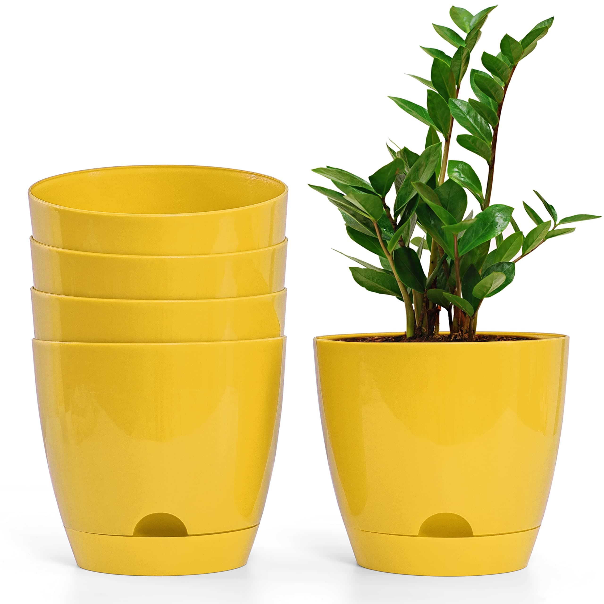 Livzing 7" Self Watering Planter Flower Pot with Drainage Hole - Indoor Outdoor Planter Pots for Balcony Home Garden - Modern Plant Pot - Virgin Plastic Flower Pots - Yellow (Pack of 5)
