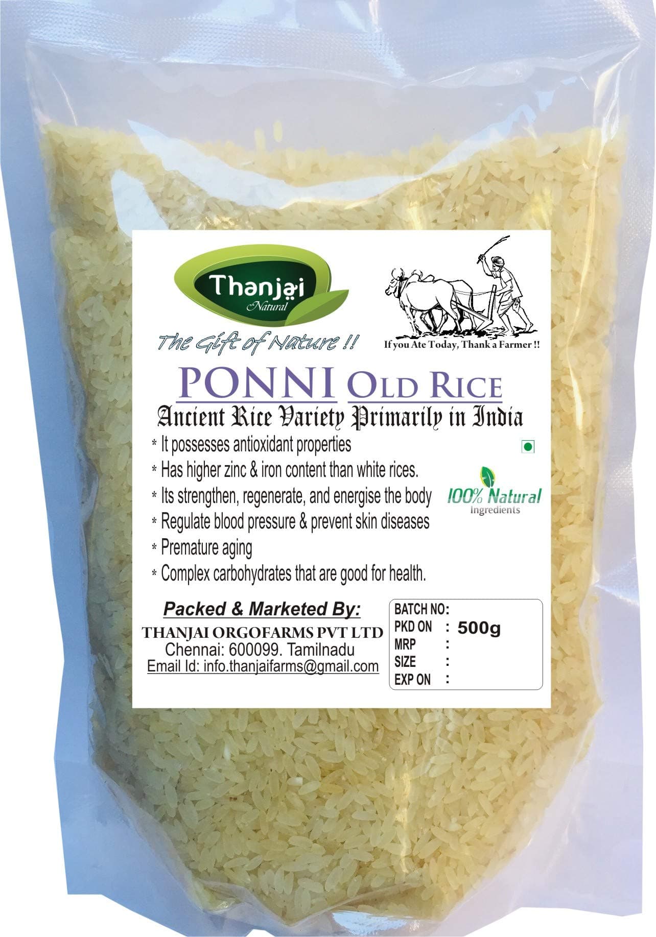 Thanjai Natural's 1kg Old Ponni Raw Rice | Pazhaya Ponni Pure Indian Oldest Traditional Method Farmed & Cultivated 100% Natural,1000g