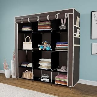 GTC® 12 Layer Collapsible Portable Foldable Wardrobe Storage Organizer Shelves for Clothes Racks Fabric Almirah Non Rustable Iron Storage Unit (88250) (Brown)