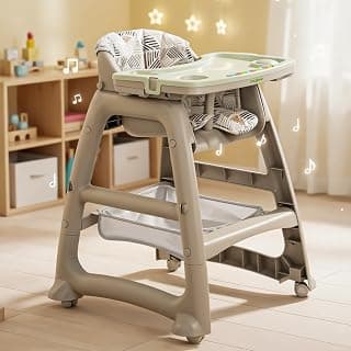 BAYBEE Breeze High Chair for Kids with Musical Tray, Dual Removable Trays, Adjustable Feeding System, 5-Point Safety Belt, Storage Basket & Detachable Cushion for 6 Months to 3 Years (Brown & Green)